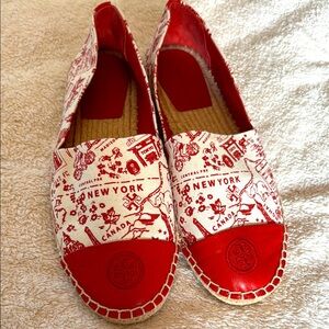 Tory Burch Red City Print Espadrilles. Size 8.5